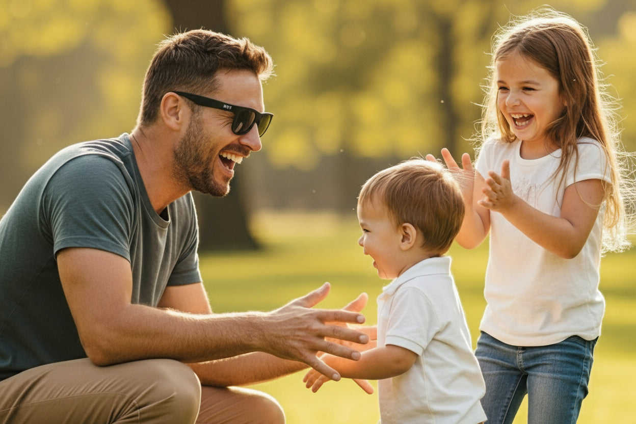 Man and two children playing in a park with trees in the background