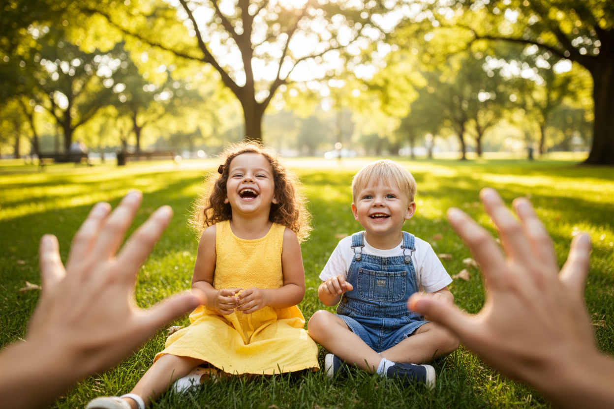 Two children sitting on grass in a park with adults' hands reaching towards them.